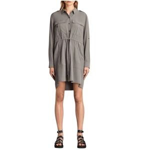 NEW ALLSAINTS Millie Shirt Dress‎ Roll Tab Sleeves in Khaki Green Size Large